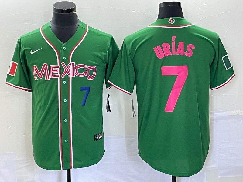 Men 2023 World Cub Mexico 7 Urias Green pink Nike MLB Jersey4
